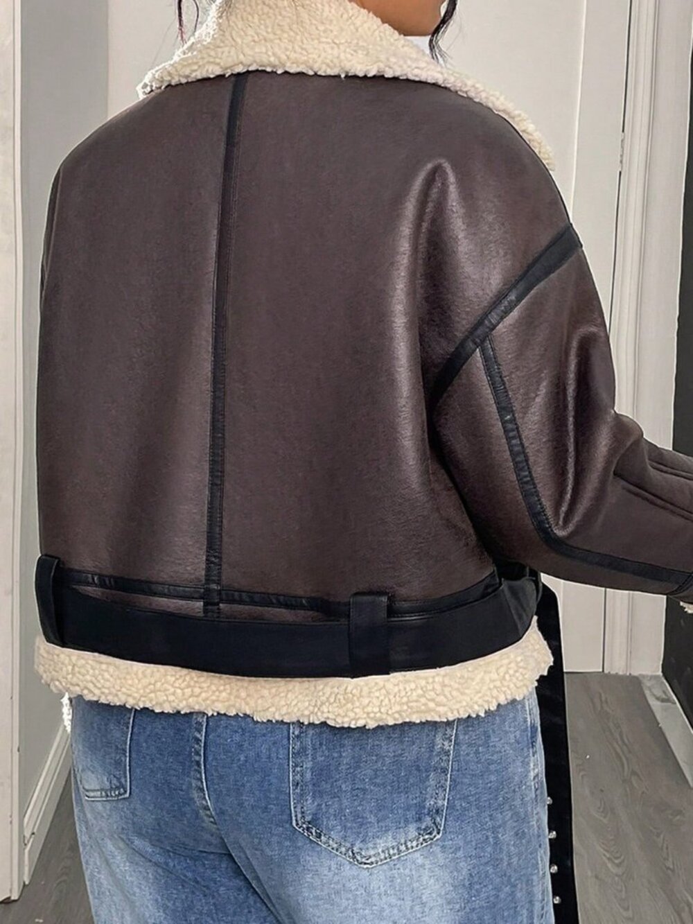 Brown Casual Women's Faux Lamb Fur Faux Leather Short Jacket - Picture 2 of 6